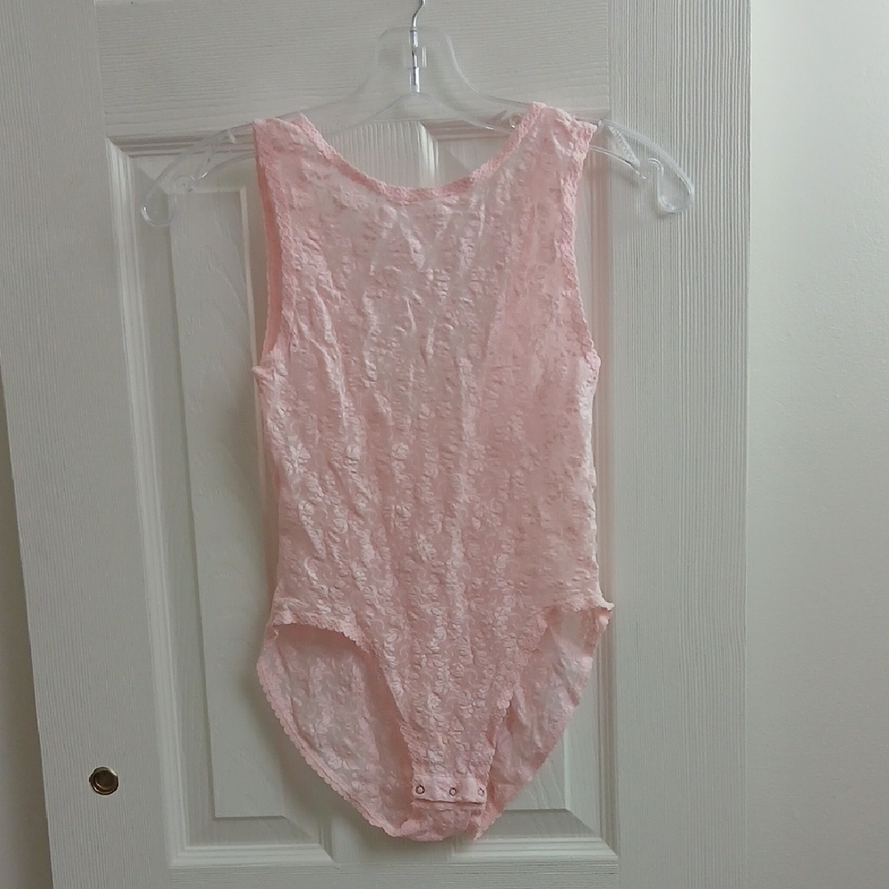 Vintage‎ Pink Floral Lace One Piece Bodysuit Size M Feminine Sheer